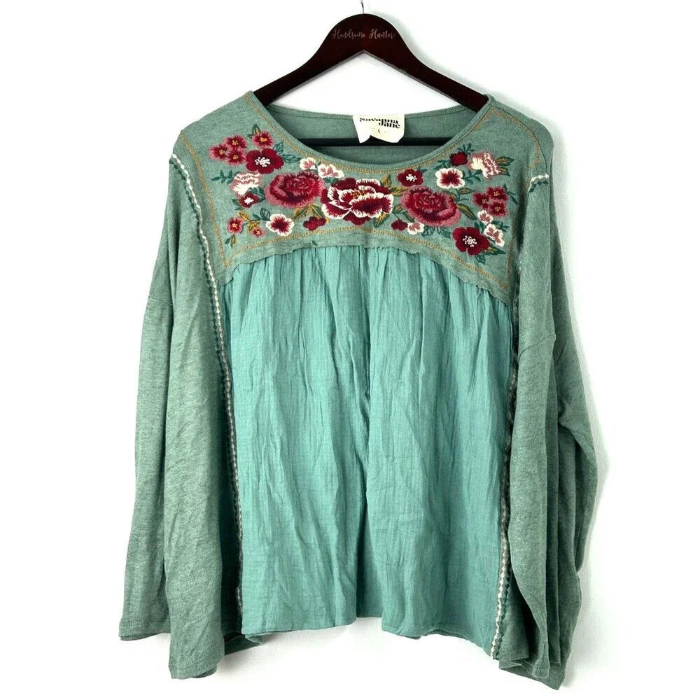 Savanna Jane Womens Long Sleeve Floral Embroidered Bohemian Top Size L 1359H1 - Picture 3 of 10